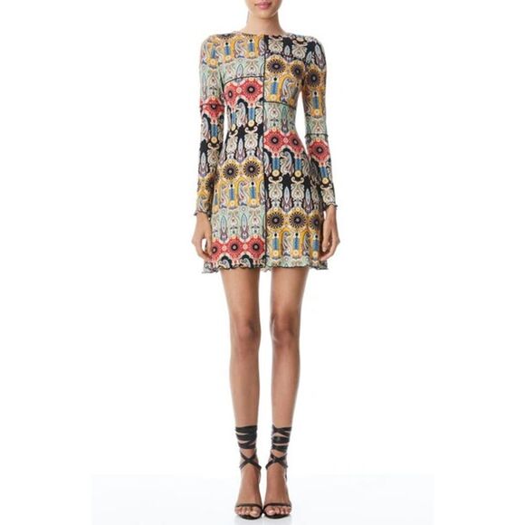 Alice + Olivia Delora Printed Long Sleeve Paneled Flare Mini dress Tangerine 4 - Picture 4 of 6